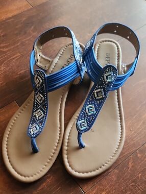 DEPT 222 Blue Beaded T-Strap Sandals